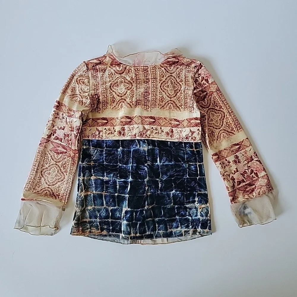 Little Mass Vintage Girls Medium Velour Top Mixed Block Print Ruffle Boho Hippie